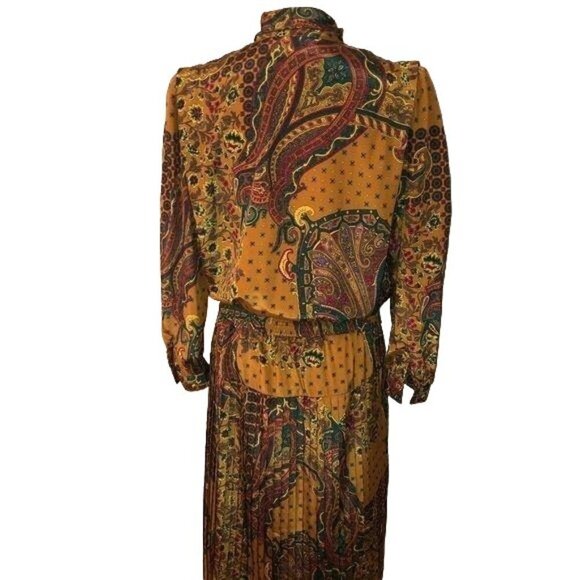 Schrader Sport Custom Casual Skirt Top Set Size 8 Gold Green Paisley Elastic Bow - Picture 2 of 14